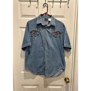 Bobbie‎ Brooks Denim Shirt Women Size Large Button Up Embroidered Bear Garden